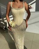 Fashion Butter Yellow Square Neck Sheath Chiffon Beaded Long Prom Dresses Formal Evening Gowns HZ1108