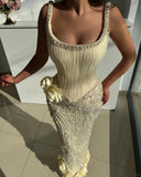 Fashion Butter Yellow Square Neck Sheath Chiffon Beaded Long Prom Dresses Formal Evening Gowns HZ1108