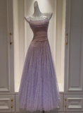 Fairytale Purple Spaghetti Straps A-Line Lace Tulle Long Prom Dresses Gorgeous Birthday Evening Gowns HZ1108