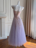 Fairytale Purple Spaghetti Straps A-Line Lace Tulle Long Prom Dresses Gorgeous Birthday Evening Gowns HZ1108