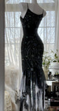 Vintage Black Spaghetti Straps Mermaid Chiffon Beading Prom Dresses Formal Evening Gowns HZ1108