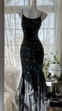 Vintage Black Spaghetti Straps Mermaid Chiffon Beading Prom Dresses Formal Evening Gowns HZ1108