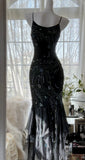 Vintage Black Spaghetti Straps Mermaid Chiffon Beading Prom Dresses Formal Evening Gowns HZ1108