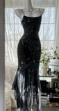 Vintage Black Spaghetti Straps Mermaid Chiffon Beading Prom Dresses Formal Evening Gowns HZ1108