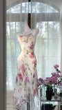 Elegant White Spaghetti Straps Sheath Printed Chiffon Vintage Short Prom Dresses HZ1108