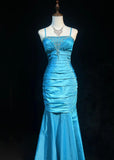 Gorgeous Blue Spaghetti Straps Mermaid Taffeta Long Prom Dresses Formal Evening Gowns with Beading HZ1108