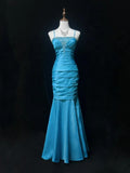 Gorgeous Blue Spaghetti Straps Mermaid Taffeta Long Prom Dresses Formal Evening Gowns with Beading HZ1108