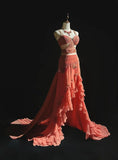Stunning Peach Strap A-Line Chiffon Long Prom Dresses Vintage Evening Gowns with Beading HZ1108