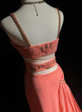 Stunning Peach Strap A-Line Chiffon Long Prom Dresses Vintage Evening Gowns with Beading HZ1108