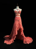 Stunning Peach Strap A-Line Chiffon Long Prom Dresses Vintage Evening Gowns with Beading HZ1108