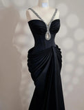Elegant Black V-neck Mermaid Satin Long Prom Dresses Formal Evening Gowns HZ1108