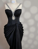Elegant Black V-neck Mermaid Satin Long Prom Dresses Formal Evening Gowns HZ1108