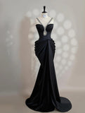 Elegant Black V-neck Mermaid Satin Long Prom Dresses Formal Evening Gowns HZ1108