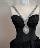 Elegant Black V-neck Mermaid Satin Long Prom Dresses Formal Evening Gowns HZ1108