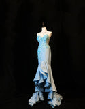 Gorgeous Blue Spaghetti Straps Mermaid Satin Long Prom Dresses Vintage Evening Gowns with Appliques HZ1108