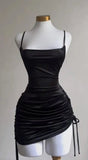 Sexy Black Spaghetti Straps Bodycon Satin Short Prom Dresses Homecoming Dresses with Open Back HZ1108