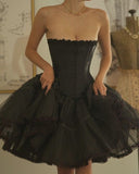 Elegant Black Strapless A-Line Satin Lace Short Prom Dresses Homecoming Dresses HZ1108