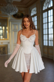 Stunning White Spaghetti Straps A-Line Satin Lace Short Wedding Dresses Homecoming Dresses with Pearls HZ1108