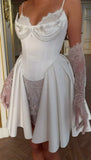 Stunning White Spaghetti Straps A-Line Satin Lace Short Wedding Dresses Homecoming Dresses with Pearls HZ1108