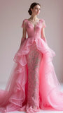 Gorgeous Pink V Neck Sheath Tulle Long Prom Dresses Wedding Dresses Lace Appliques Formal Evening Dresses HZ1108