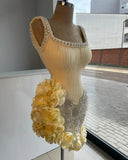 Fashion Butter Yellow Square Neck Bodycon Beaded Tulle Short Prom Dresses Gorgeous Homecoming Dresses HZ1108
