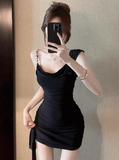 Elegant Black Asymmetric Neck Bodycon Short Prom Dresses Homecoming Dresses with Bow HZ1108