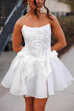 Elegant White Strapless A-Line Tulle Beaded Short Prom Dresses Homecoming Dresses HZ1108