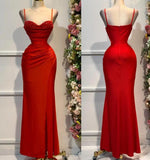 Elegant Red Spaghetti Straps Mermaid Satin Beaded Long Prom Dresses Formal Evening Gowns HZ1108