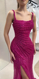Gorgeous Fuchsia Square Neck Mermaid Sequin Long Prom Dresses Formal Evening Gowns with Slits HZ1108