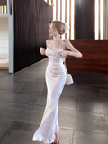 Elegant Apricot Spaghetti Straps Mermaid Satin Party Dress HZ1108