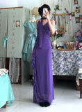 Vintage Purple Spaghetti Straps Sheath Chiffon Ruffle Party Dress Y2K Formal Evening Gowns HZ1108