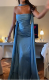 Elegant Blue Strapless Sheath Satin Long Prom Dresses Formal Evening Gowns HZ1108