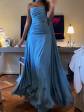 Elegant Blue Strapless Sheath Satin Long Prom Dresses Formal Evening Gowns HZ1108