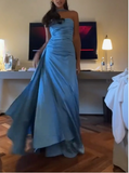 Elegant Blue Strapless Sheath Satin Long Prom Dresses Formal Evening Gowns HZ1108