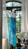 Gorgeous Blue Spaghetti Straps Sheath Chiffon Sequin Long Prom Dresses Elegant Formal Evening Gowns HZ1108