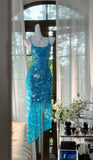 Gorgeous Blue Spaghetti Straps Sheath Chiffon Sequin Long Prom Dresses Elegant Formal Evening Gowns HZ1108