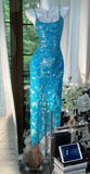 Gorgeous Blue Spaghetti Straps Sheath Chiffon Sequin Long Prom Dresses Elegant Formal Evening Gowns HZ1108