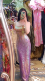 Stunning Gold Spaghetti Straps Sheath Sequin Long Prom Dresses Formal Evening Gowns HZ1108
