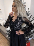 Diynav Sleeves V Neck Black Lace Prom Dresses, Long Sleeves Black Lace Formal Evening Dresses HZ1017