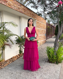 Diynav V Neck Prom Dress, A Line Tiered Sleeveless Evening Dress HZ1017