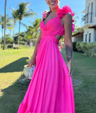 Diynav A Line Ruffle Prom Dresses for Women V Neck Long Bridesmaid Dresses Backless Formal Evening Gowns HZ1017