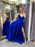 Diynav A line blue long prom dress, backless blue evening dress HZ1017