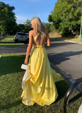 Diynav Yellow Satin Long Evening Dresses with Side Slit Formal Party Dress HZ1017