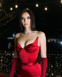 Diynav Mermaid V Neck Red Satin Long Prom Evening Dresses,Formal Party Dresses HZ1017
