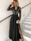 Diynav Sleeves V Neck Black Lace Prom Dresses, Long Sleeves Black Lace Formal Evening Dresses HZ1017