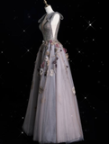 Diynav V Neckline Gray Tulle Floral Ball Gown Long Evening Gown Prom Dress HZ1017
