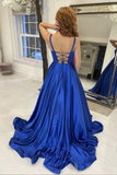 Diynav A Line Royal Blue Satin Long Prom Dress, Long Blue Formal Graduation Evening Dress HZ1017