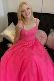 Diynav Back Hot Pink Tulle Lace Long Prom Dresses, Hot Pink Lace Formal Graduation Evening Dresses HZ1017
