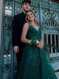 Diynav Line V Neck Green Lace Long Prom Dresses, Green Lace Formal Dresses, Green Evening Dresses HZ1017