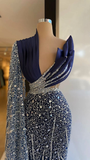 Diynav Blue One Shoulder Evening Dresses V Neck Prom Gowns Custom Made Sequin Sparkly Formal Party Dresses HZ1017